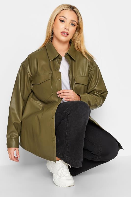 Plus Size Olive Green Faux Leather Shacket | Yours Clothing 4