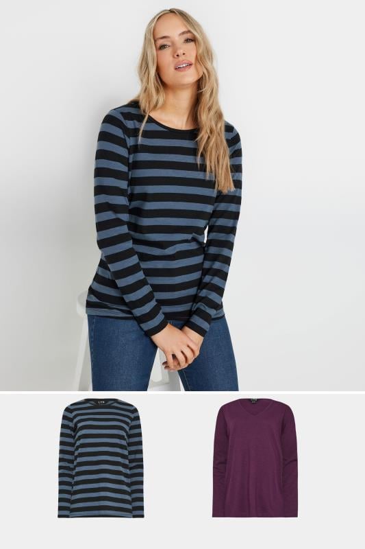 LTS Tall Women's 2 Pack Purple & Blue Stripe Long Sleeve T-Shirts | Long Tall Sally 1