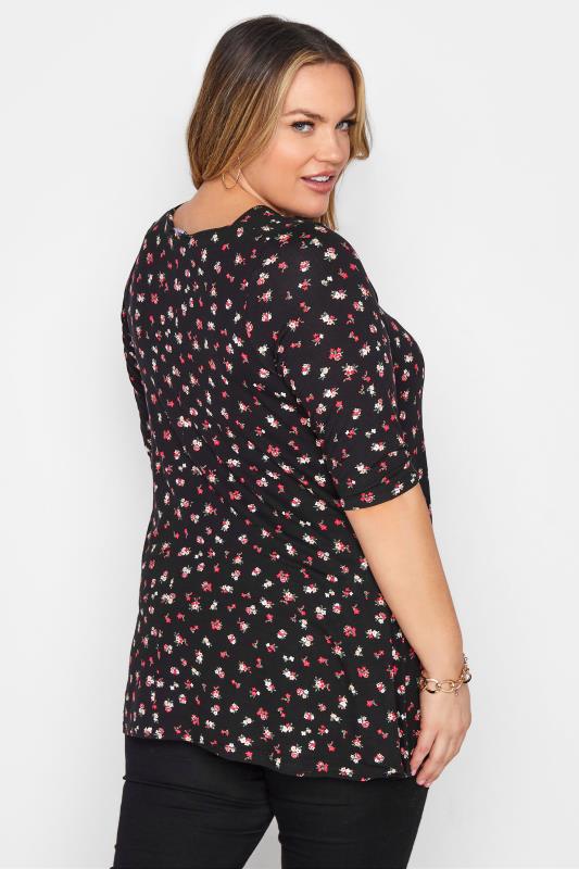 Plus Size Black Ditsy Envelope Neck Swing Top | Yours Clothing 3
