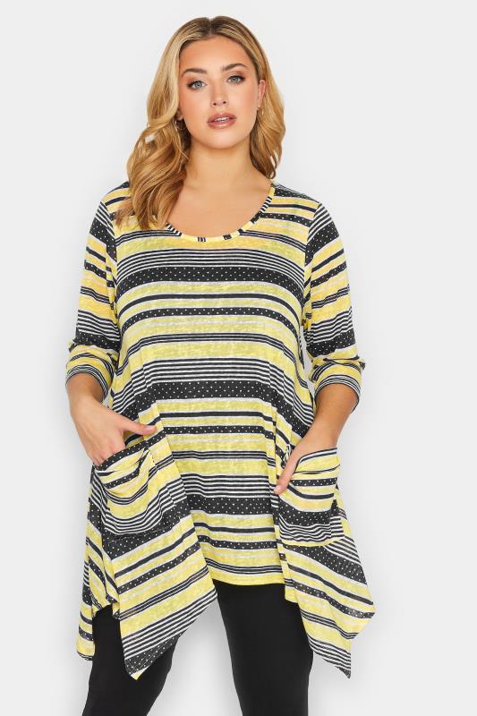 Plus Size Yellow Stripe Print Knitted Pocket Top | Yours Clothing 1