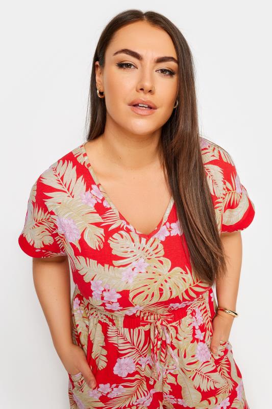 YOURS Plus Size Red Tropical Print Wide Leg Jumpsuit | Yours Clothing 5