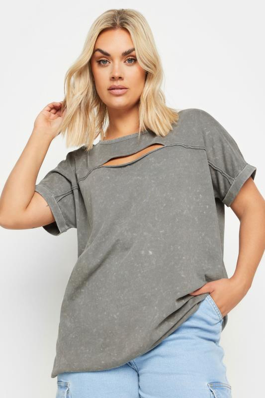 YOURS Plus Size Charcoal Grey Acid Wash Cut Out T-Shirt | Yours Clothing 1