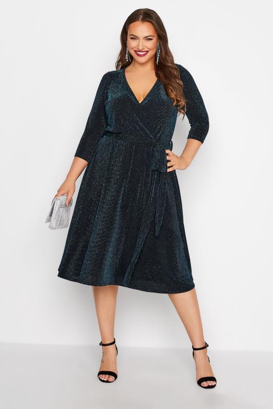 Curve Black & Blue Glitter Wrap Dress | Yours Clothing 2