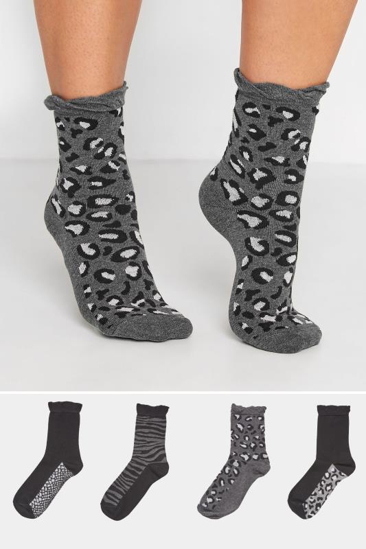 Plus Size  YOURS 4 PACK Black & Grey Animal Print Ankle Socks