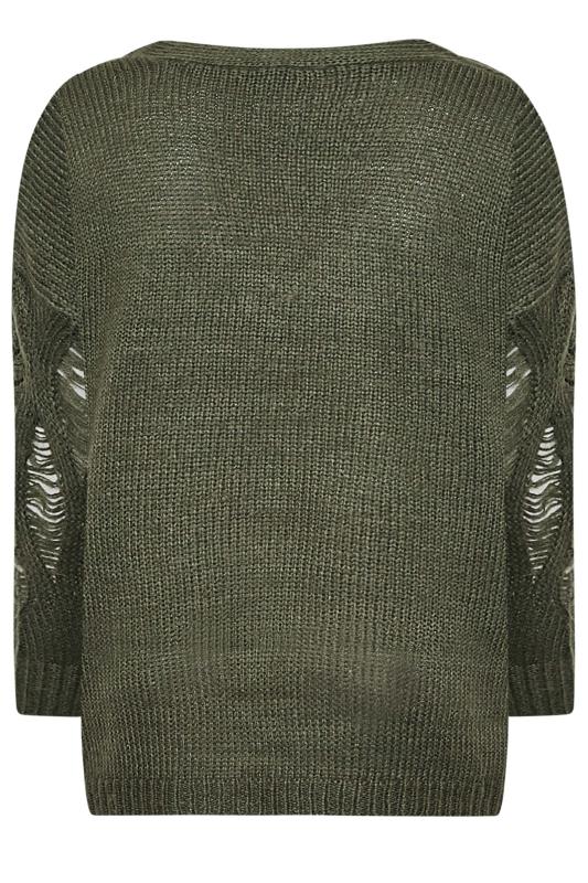 Plus Size Khaki Green Distressed V-Neck Knitted Jumper | Yours Clothing 7