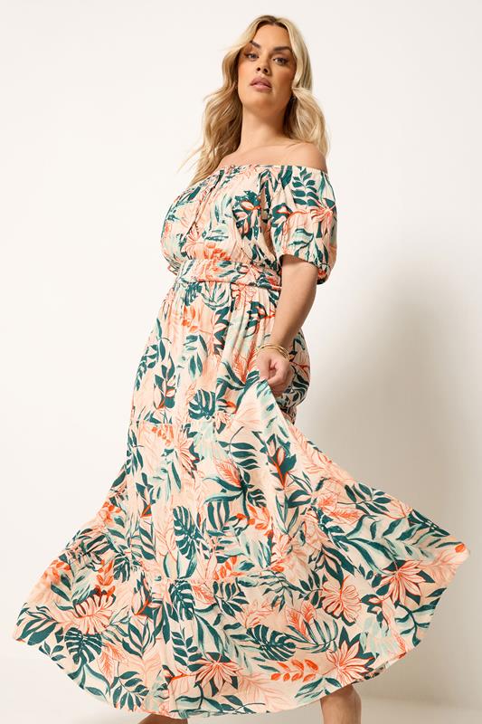 YOURS Plus Size Cream Leaf Tie Neck Bardot Maxi Dress | Yours Clothing 1