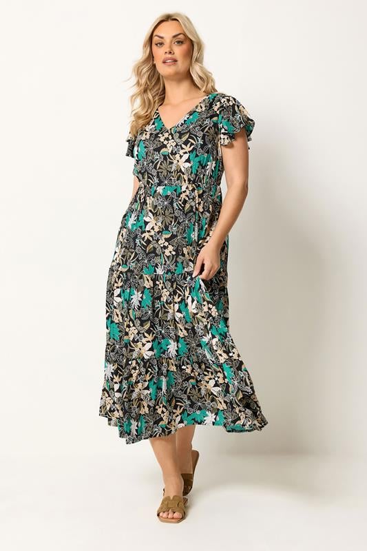  YOURS vestido smock negro y verde con estampado floral