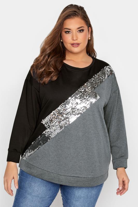 Plus Size Black & Grey Sequin Colour Block Sweatshirt | Yours Clothing 1