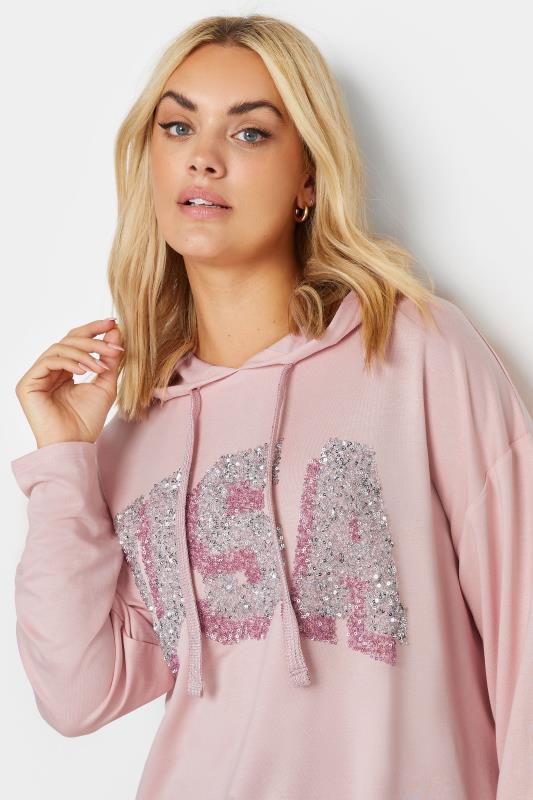 YOURS Plus Size Pink 'USA' Sequin Slogan Longline Hoodie | Yours Clothing 4