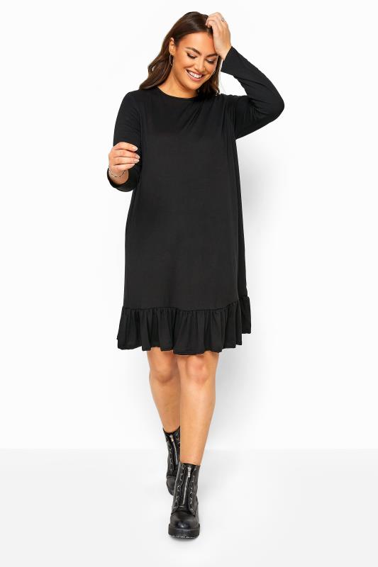 Plus Size Casual / Every Day LIMITED COLLECTION Black Long Sleeve Frill Hem Dress