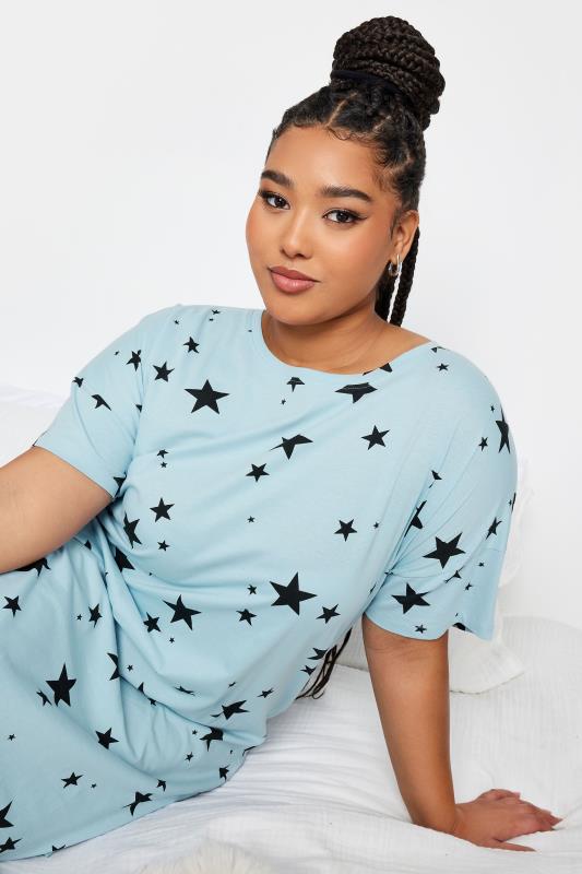 YOURS Plus Size Light Blue Star Print Sleep Tee Nightdress | Yours Clothing 5