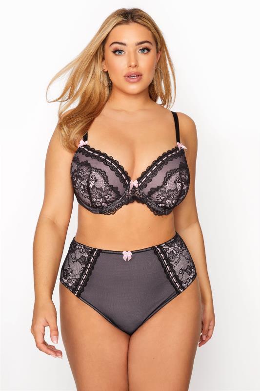 Plus Size Pink & Black Lace Trim Padded Underwired Balcony Bra | Yours Clothing 2