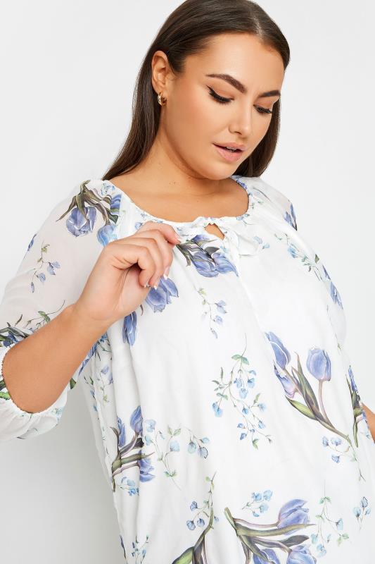 YOURS Plus Size White & Blue Floral Print Tie Neck Blouse | Yours Clothing 4