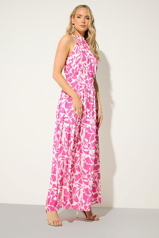 LTS Tall Women's Pink Abstract Satin Halterneck Maxi Dress | Long Tall Sally 1