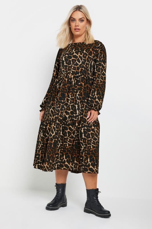 Plus Size  YOURS Curve Brown Leopard Print Textured Midaxi Dress