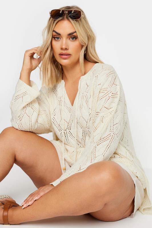 YOURS Plus Size White Tie Neck Crochet Jumper | Yours Clothing  5