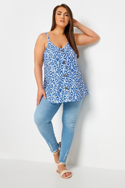 YOURS Plus Size Blue Ikat Print Broderie Anglaise Cami Top | Yours Clothing 2