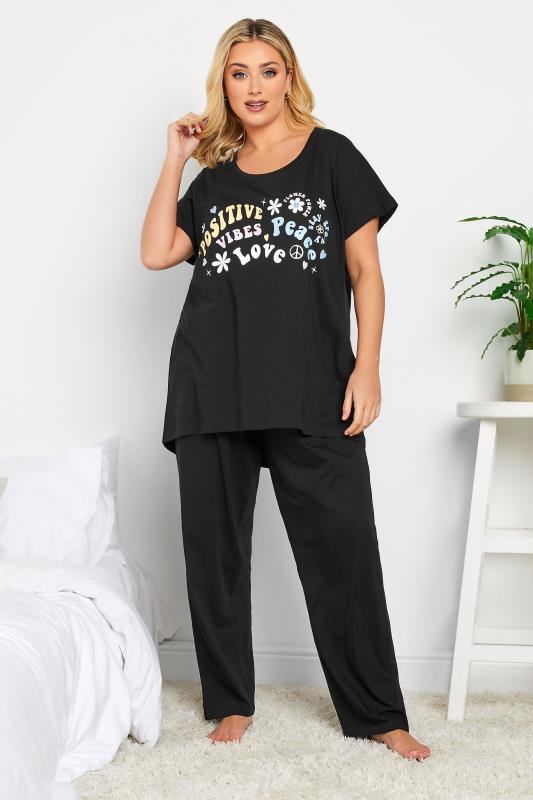 YOURS Plus Size Black 'Positive Vibes' Wide Leg Pyjama Set | Yours Clothing 2