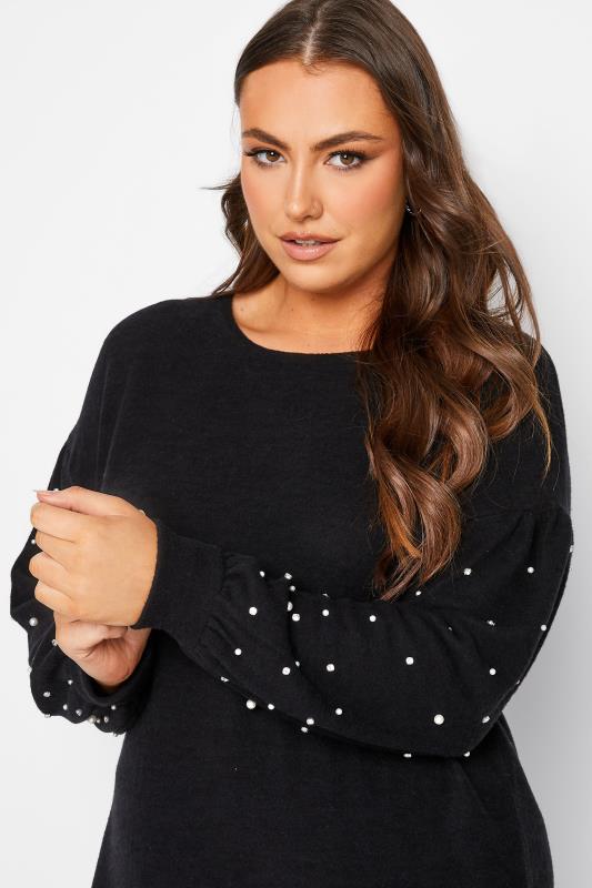Plus Size Black Pearl & Diamante Embellished Sleeve Jumper | Yours Clothing  4