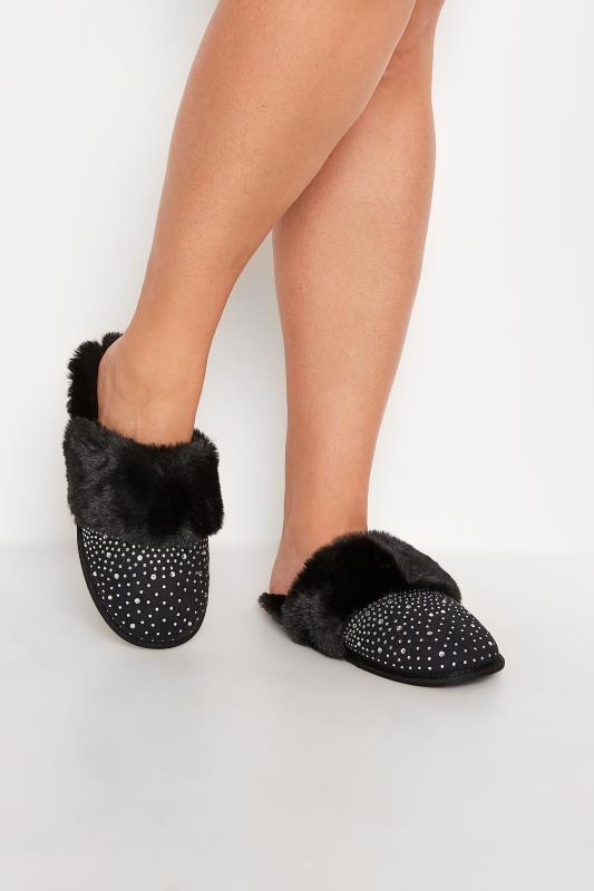 Black Faux Fur Diamante Embellished Mule Slippers In Extra Wide EEE Fit | Yours Clothing 1