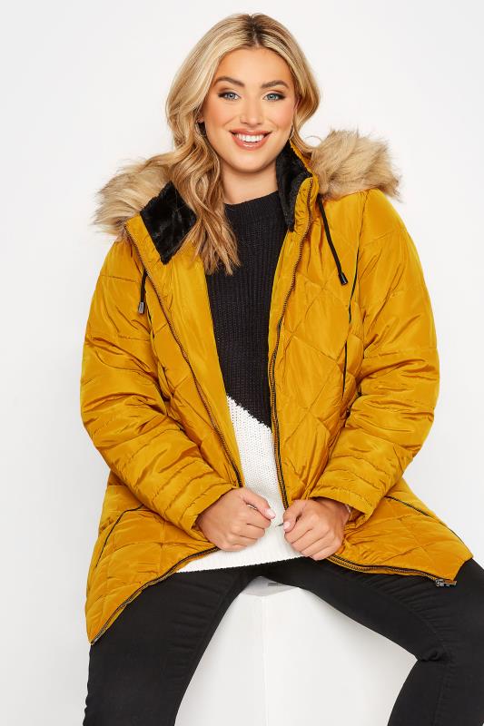 Plus Size  Curve Mustard Yellow Panelled Puffer Jacket