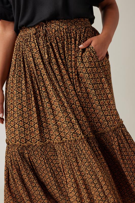 EVANS Plus Size Orange Floral Print Tiered Crinkle Midi Skirt | Evans 4