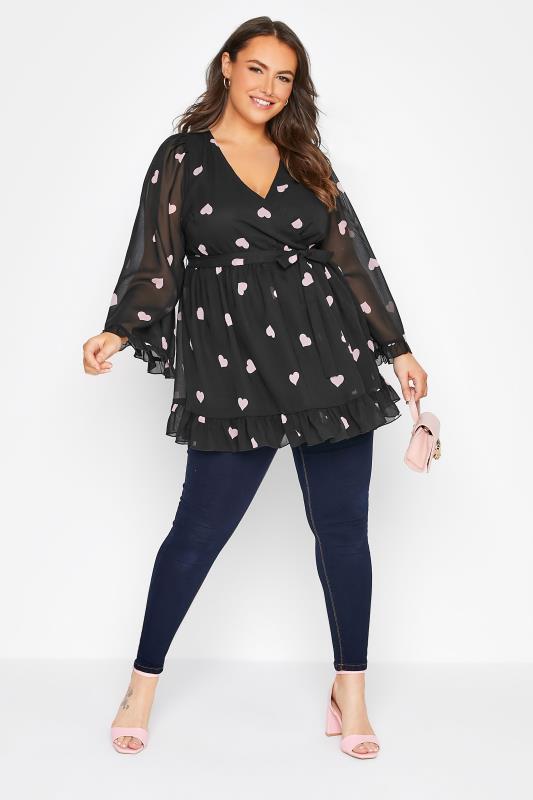 YOURS LONDON Plus Size Black Heart Print Ruffle Wrap Top | Yours Clothing 2