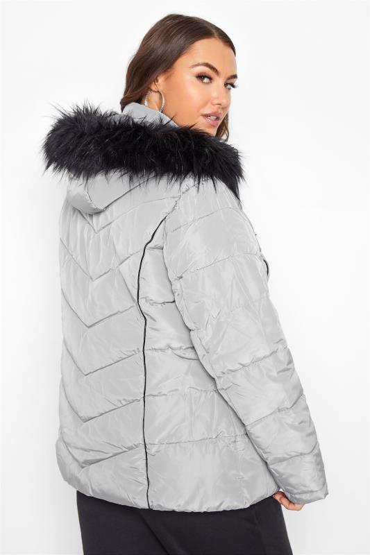 Plus Size Grey PU Faux Fur Trim Panelled Puffer Jacket | Yours Clothing 3