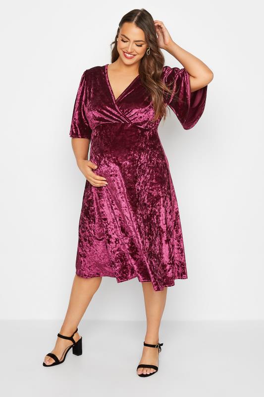 BUMP IT UP MATERNITY Plus Size Dark Pink Velvet Midi Wrap Dress | Yours Clothing 2