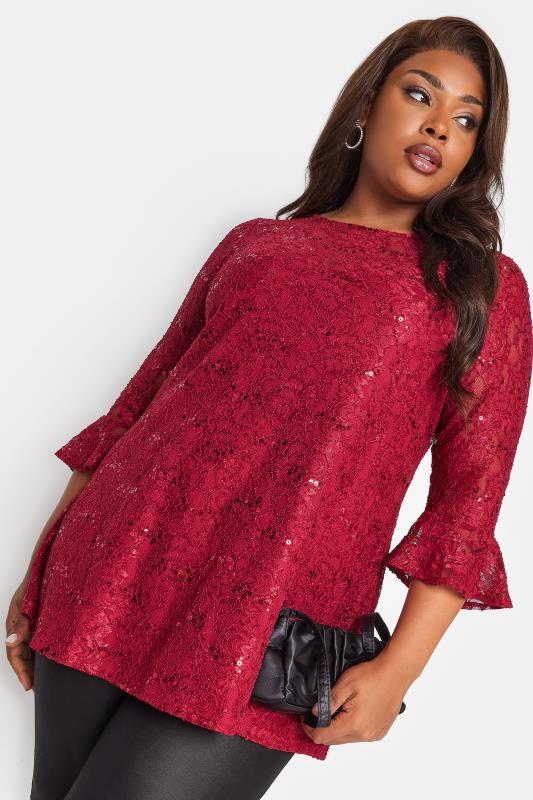 Plus Size  YOURS Curve Red Lace Sequin Embellished Swing Top