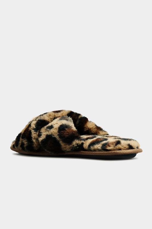 Plus Size Brown Leopard Print Vegan Faux Fur Cross Strap Slippers In Standard Fit | Yours Clothing 4