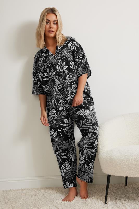 YOURS Plus Size Black Midnight Palm Print Button Through Pyjama Set | Your Clothing 2
