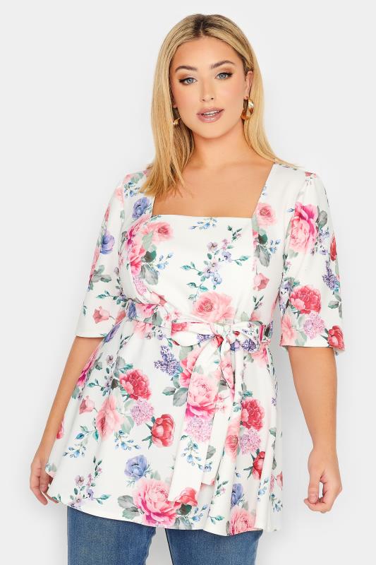 YOURS LONDON Plus Size White & Pink Floral Print Peplum Top | Yours Clothing 1