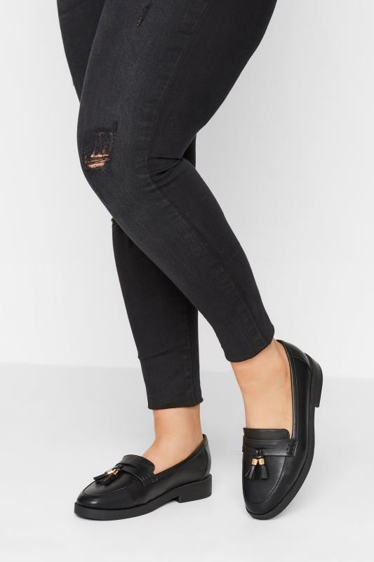  Black Faux Leather Tassel Loafers In Extra Wide EEE Fit