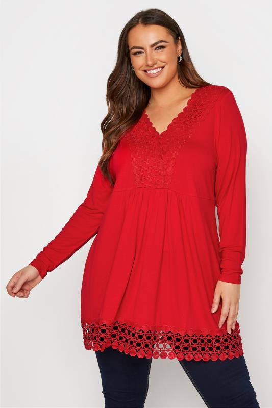 Plus Size  Red Crochet Trim V-Neck Tunic