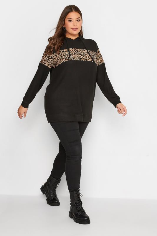 Plus Size Black Animal Print Colour Block Soft Touch Hoodie | Yours Clothing 2