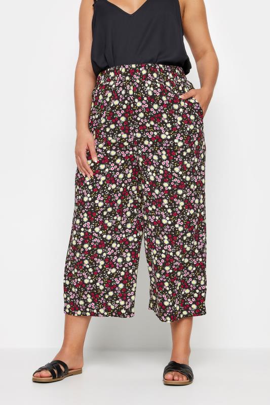 YOURS Plus Size Black Ditsy Floral Print Wide Leg Cropped Trousers | Yours Clothing 1