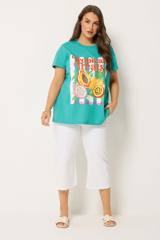 YOURS Plus Size Teal Blue 'Tropical Treats' Beaded T-Shirt | Yours Clothing 1