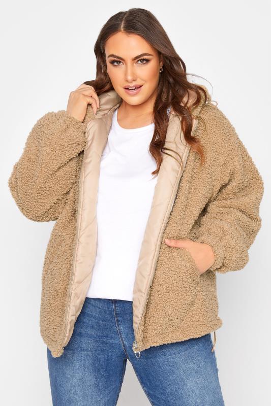 Plus Size  Curve Camel Brown Teddy Hooded Jacket