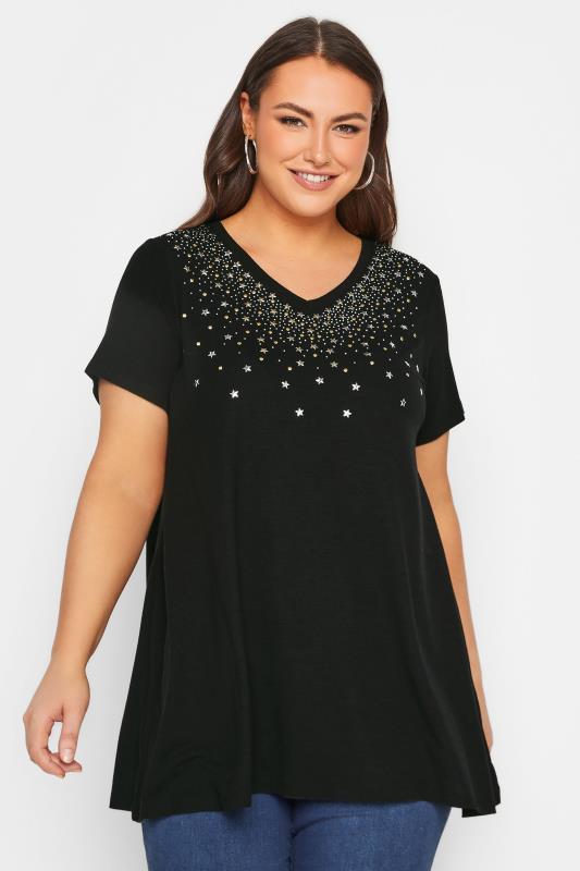 Plus Size  YOURS Curve Black Embellished Swing Top