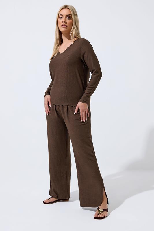 LIMITED COLLECTION Plus Size Brown Textured Wide Leg Trousers | Yours Clothing 1