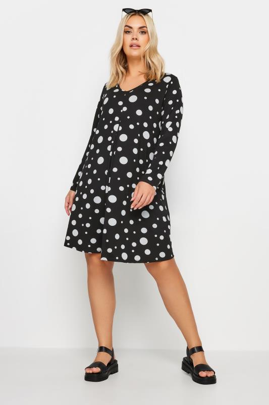 YOURS Plus Size Black Polka Dot Print Mini Dress | Yours Clothing 1