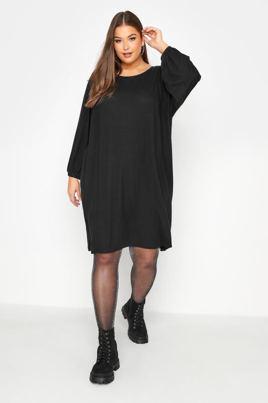 Plus Size  Black Balloon Sleeve Tunic Jumper Dress