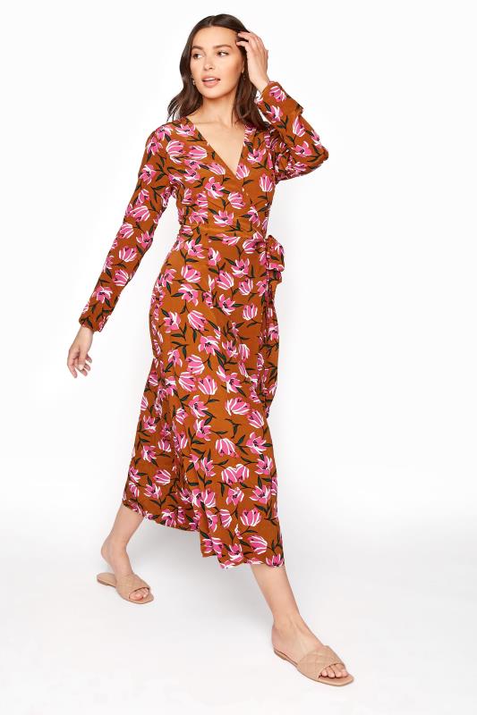 Brown Floral Print Wrap Midi Dress | Long Tall Sally | Yours Clothing