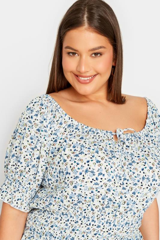 LTS Tall Women's White & Blue Floral Crinkle Bardot Top | Long Tall Sally 4