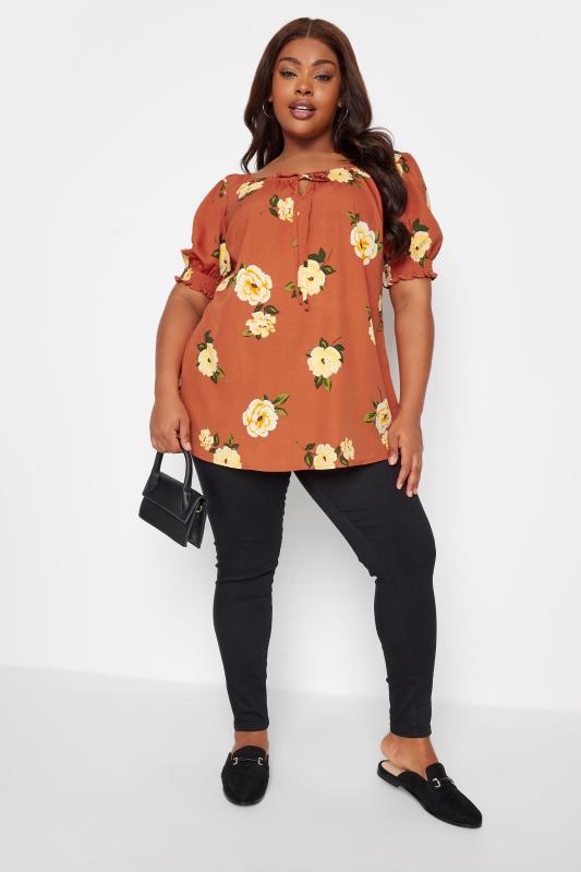 YOURS Plus Size Rust Orange Floral Print Puff Sleeve Gypsy Top | Yours Clothing 2