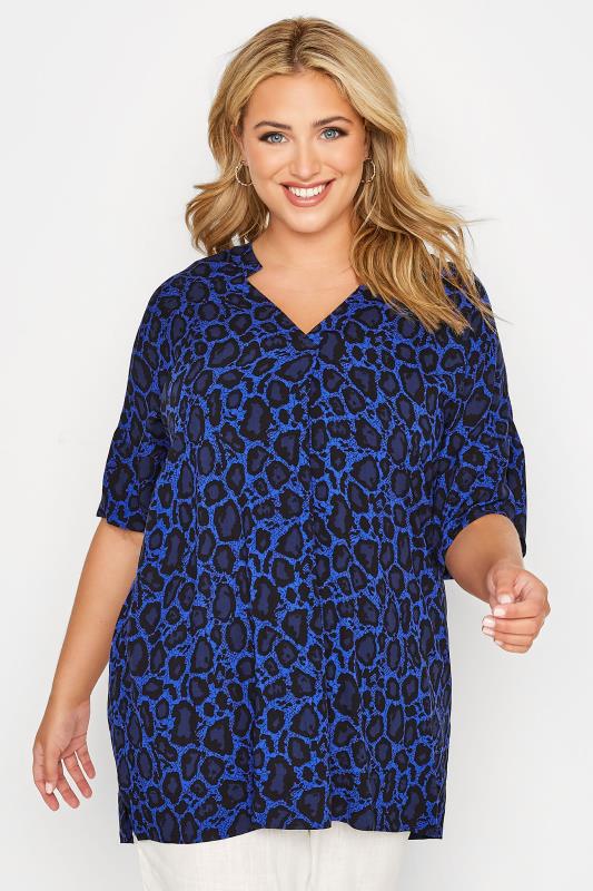 Plus Size Blue Leopard Print V-Neck Shirt | Yours Clothing  1