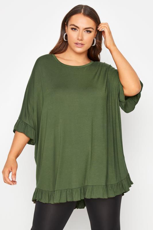 Plus Size  LIMITED COLLECTION Khaki Frill Jersey T-Shirt