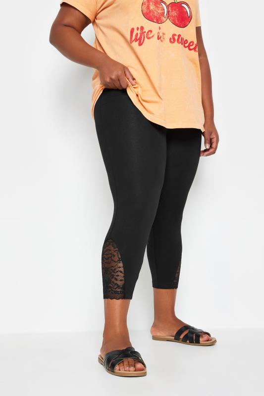 YOURS Plus Size Black Lace Insert Cropped Leggings | Yours Clothing 1