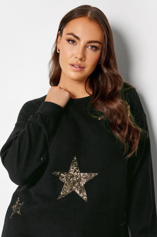YOURS Plus Size Black Sequin Star Print Jumper | Yours Clothing 4